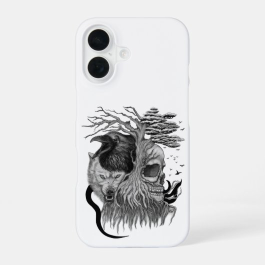 Coque iPhone 16 Loup et Corbeau avec Crâne (Verso)