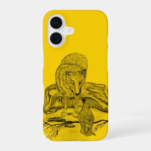 Coque iPhone 16 Loup et corbeau noir et jaune (Verso)