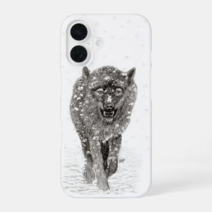 Coque iPhone 16 Loup noir en colère dans la neige, hiver sauvage