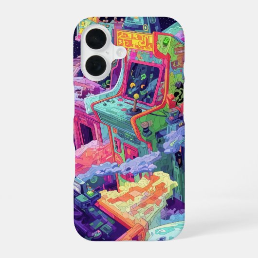Coque iPhone 16 Machines d'arcade rétro dans l'espace (Verso)