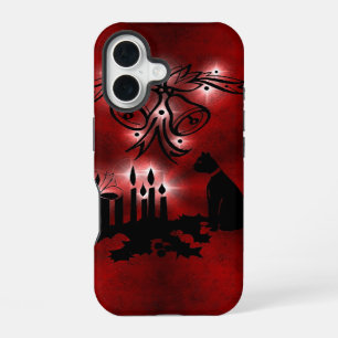 Coque iPhone 16 Magie de Noël avec chat noir sur arc-en-ciel rouge