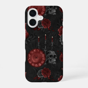 Coque iPhone 16 Magie du zodiaque cramoisie Rose de crâne gothiq