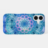 Coque iPhone 16 Mandala White Outline bleu Aquarelle - (Verso Horizontal)