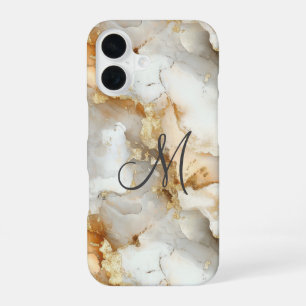 Coque iPhone 16 Marbre Aquarelle Or Gris Blanc Initiale Monogramme