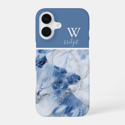 Coque iPhone 16 marbre bleu abstrait motif côtier (Verso)