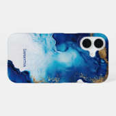 Coque iPhone 16 Marbre bleu blanc or (Verso Horizontal)