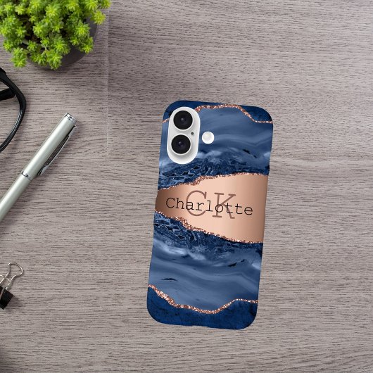 Coque iPhone 16 Marbre bleu rose or nom monogramme
