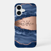 Coque iPhone 16 Marbre bleu rose or nom monogramme (Verso)