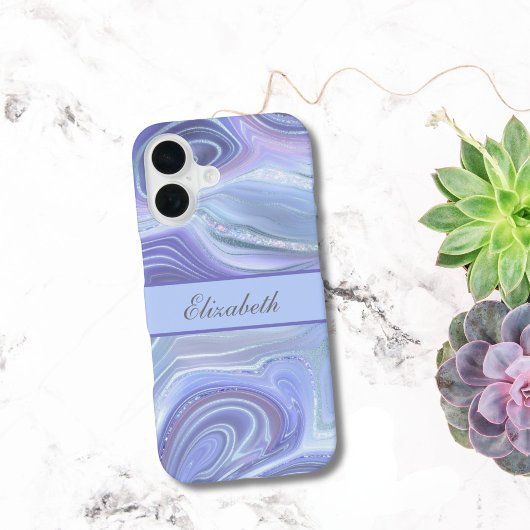 Coque iPhone 16 Marbre bleu violet argenté pailleté Monogram