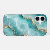 Coque iPhone 16 Marbre d'agate Aqua de luxe avec veines dorées (Verso Horizontal)