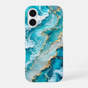 Coque iPhone 16 Marbre élégant à vague côtière feuille d'or