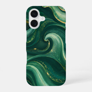 Coque iPhone 16 Marbre Liquide Vert Émeraude et Or de Luxe