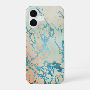 Coque iPhone 16 Marbre Luxe Belle Veine Jaune et Corail Sarcelle
