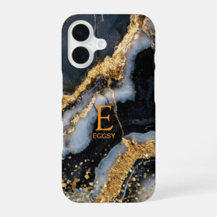 Coque iPhone 16 Marbre noir chic monogramme paillettes dorées