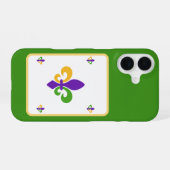 Coque iPhone 16 Mardi Gras Green Gold Purple Fleur de Lis (Verso Horizontal)