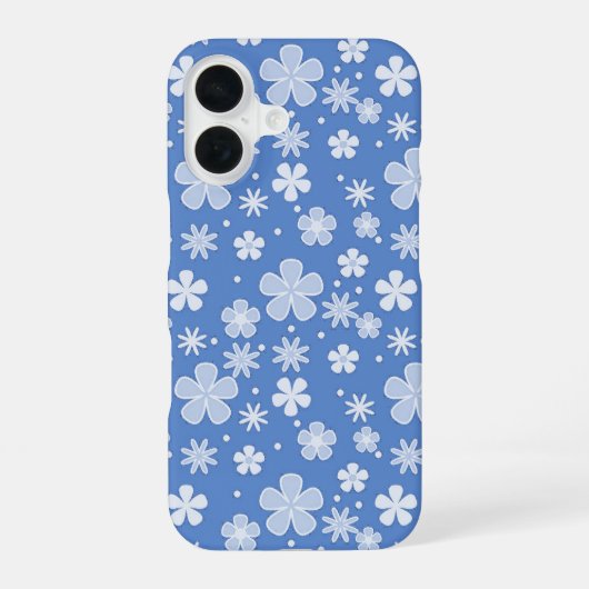 Coque iPhone 16 Marguerites blanches et points sur fond bleu (Verso)