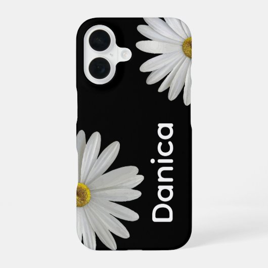 Coque iPhone 16 Marguerites blanches sur fond noir (Verso)