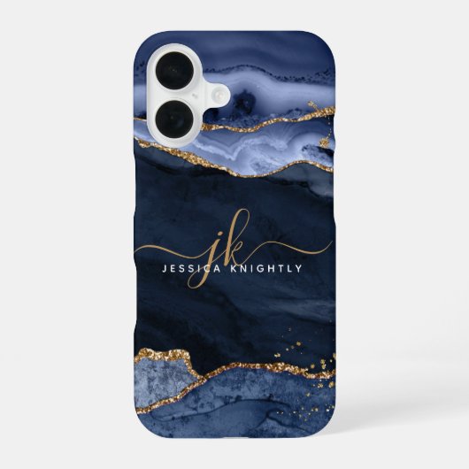 Coque iPhone 16 Marine Blue Agate Geode Gold Script Monogramme (Verso)