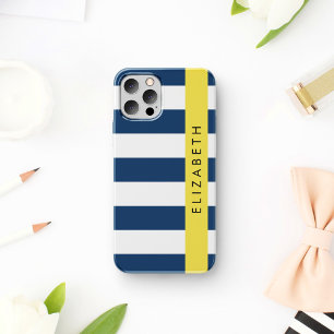 Coque iPhone 16 Marine Blue Stripes, Motif rayé, Votre nom