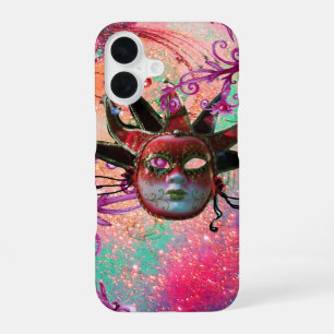 Coque iPhone 16 Masque de JESTER ROUGE NOIR Mascarade Rose Vert