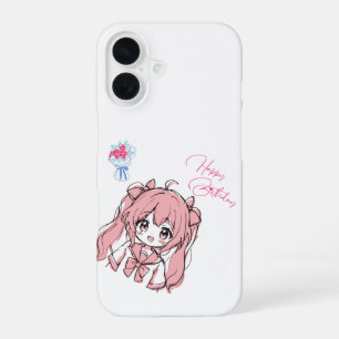 Coque iPhone 16 Mignon Anime Chibi Fille Joyeux Anniversaire Rose