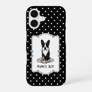 Coque iPhone 16 Mignon garçon à sa maman Boston Terrier (noir)