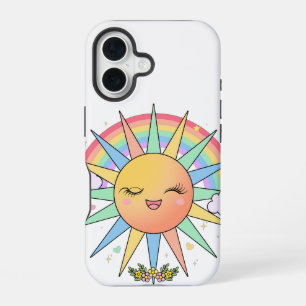 Coque iPhone 16 Mignon Kawaii Bonheur Soleil Arc-en-ciel Pastel Ét