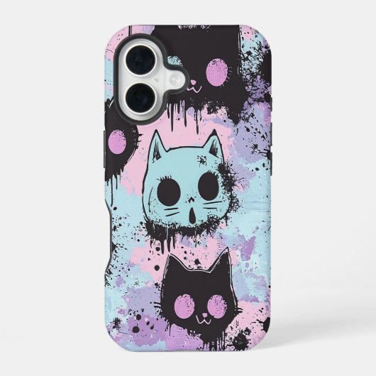Coque iPhone 16 Mignon Kawaii Pastel Goth Patchwork Chat Effrayant (Verso)