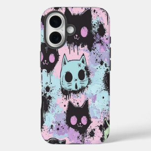 Coque iPhone 16 Mignon Kawaii Pastel Goth Patchwork Chat Effrayant