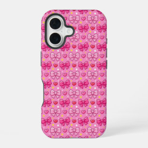 Coque iPhone 16 Mignon motif rose kawaii arcs coeurs étoiles