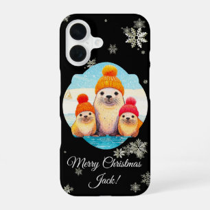 Coque iPhone 16 Mignons phoques au bonnet tricoté illustration de