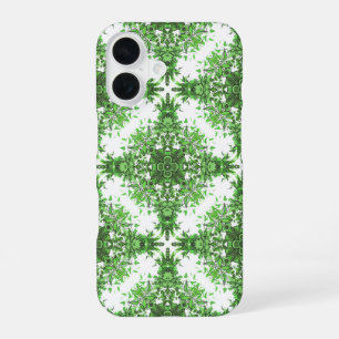 Coque iPhone 16 Modèle Floral Abstrait En Noir & Vert Sur Blanc