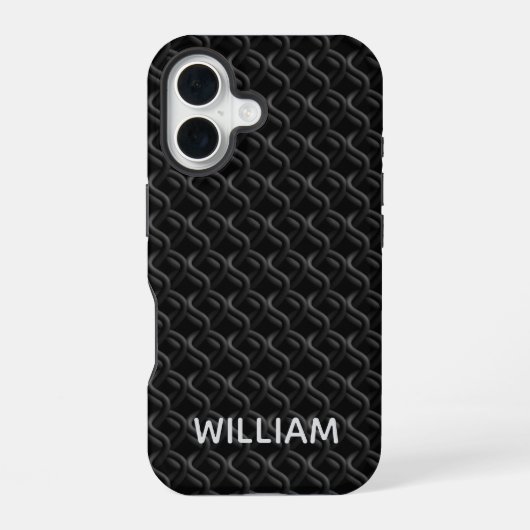 Coque iPhone 16 Modern Black Rubber Lattice with Name (Verso)