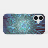 Coque iPhone 16 Moderne Abstrait tendance Fleur bleue Fractal Art (Verso Horizontal)