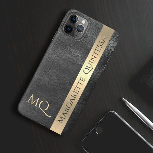Coque iPhone 16 Moderne Élégant Cuir Noir Monogrammé Feuille D'Or