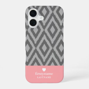 Coque iPhone 16 Moderne Ikat Rustique Monogramme Cœur Corail Gris
