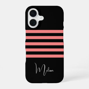 Coque iPhone 16 Moderne Monogramme Rayure Rose Blush Noir