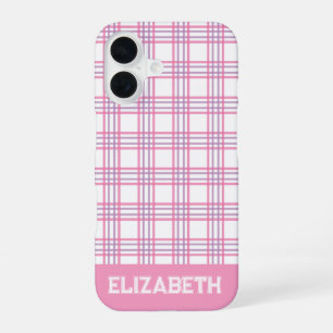 Coque iPhone 16 Moderne Plaid Préparatoire Université Police Rose