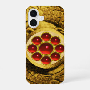 Coque iPhone 16 MON AVEC RUBIS ROUGES Griffons en or