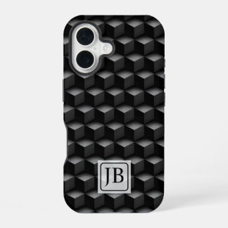 Coque iPhone 16 Monogram, 3D Black Geometric Pattern, Modern
