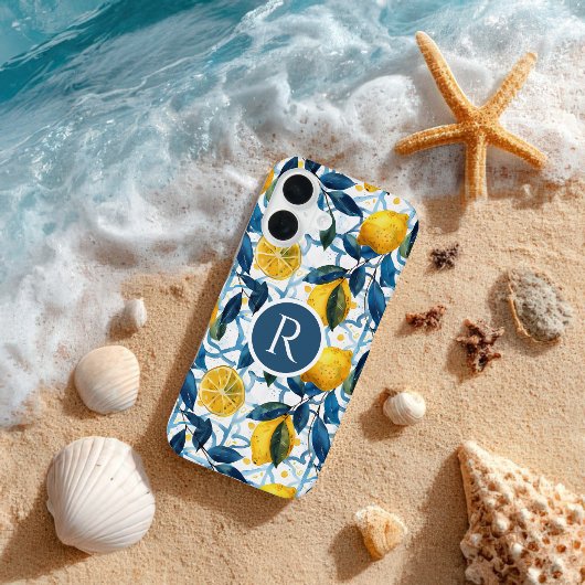 Coque iPhone 16 Monogram Blue Mediterranean Style Lemon Pattern 