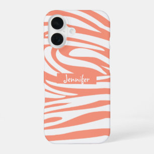 Coque iPhone 16 Monogram Rose Corail Rayé Motif Zèbre Tendance