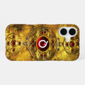 COQUE iPhone 16 MONOGRAMME ANTIQUE CELTIC WARRIOR SHIELD RUBY GEM (Verso Horizontal)