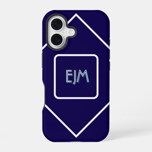 Coque iPhone 16 Monogramme blanc et bleu géométrique chic (Verso)