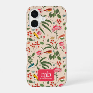 Coque iPhone 16 Monogramme botanique d'oiseaux abeilles floraux de