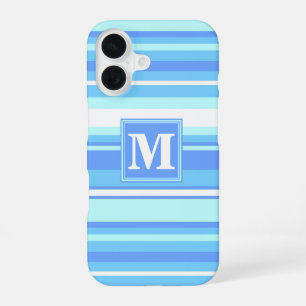 Coque iPhone 16 Monogramme ciel bandes bleues