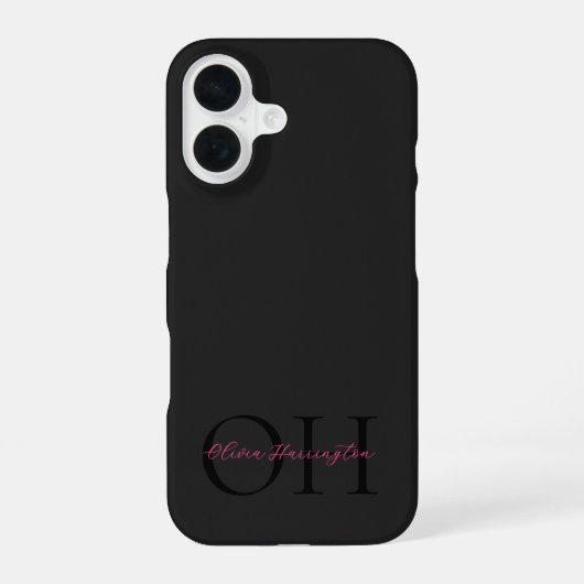 Coque iPhone 16 Monogramme classique moderne noir et rose (Verso)