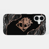 Coque iPhone 16 Monogramme D Noir Agate Marbre Rose Or (Verso Horizontal)