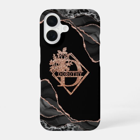 Coque iPhone 16 Monogramme D Noir Agate Marbre Rose Or (Verso)