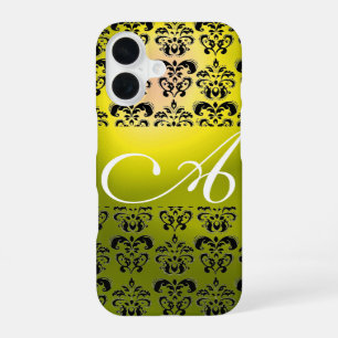 COQUE iPhone 16 MONOGRAMME DAMASSÉ NOIR JAUNE